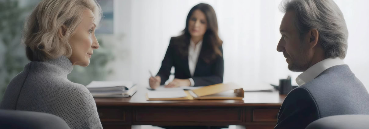 Aktuelles Bild einer Beratungssituation in einer Anwaltskanzlei, bei der eine ältere Dame und ein Mann im Gespräch sind, während eine Anwältin im Hintergrund Notizen macht, Symbol für professionelle Rechtsberatung in Euskirchen & Erftstadt.