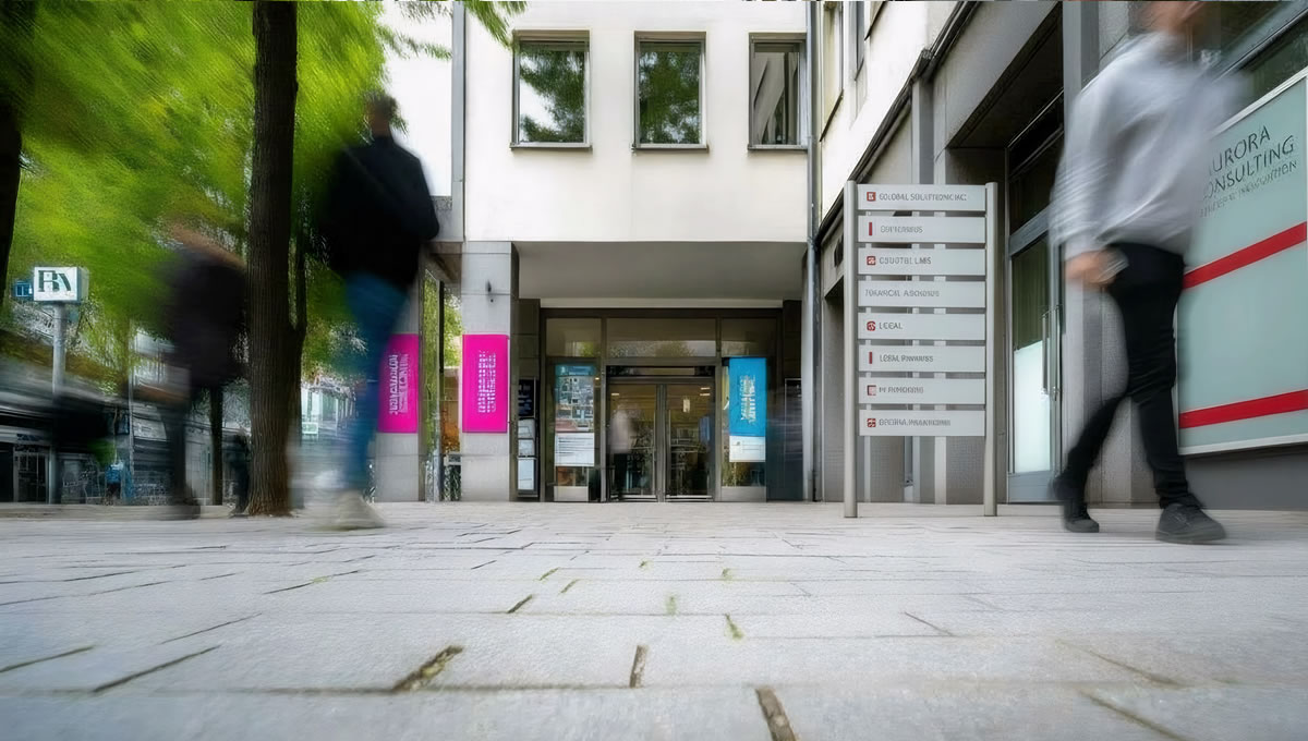 RV Eingang Kanzlei Balduin in Euskirchen und Erftstadt, moderne Rechtsanwaltskanzlei mit transparenter Beschilderung und freundlichem Ambiente.