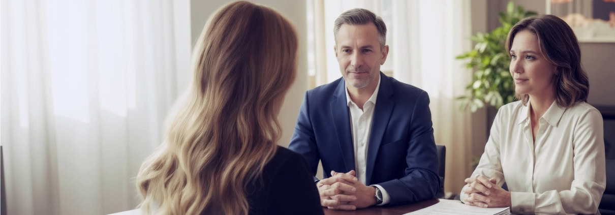 Rechtsanwältin im Gespräch mit Mandanten in der Kanzlei Balduin in Euskirchen und Erftstadt.