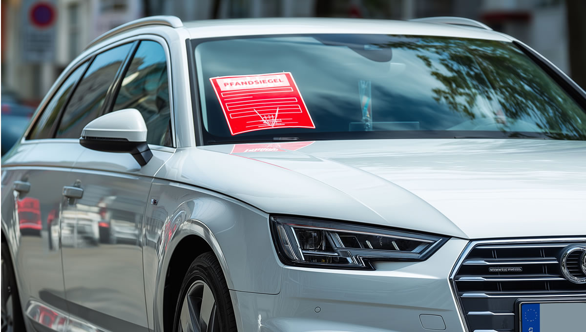 Pfandbrief auf einem weißen Audi Avant, Anzeige im Frontbereich, mit reflektierenden Oberflächen, auf einer Strasse in einer deutschen Stadt, symbolisiert finanzielle Sicherheit und Immobilienkredite.