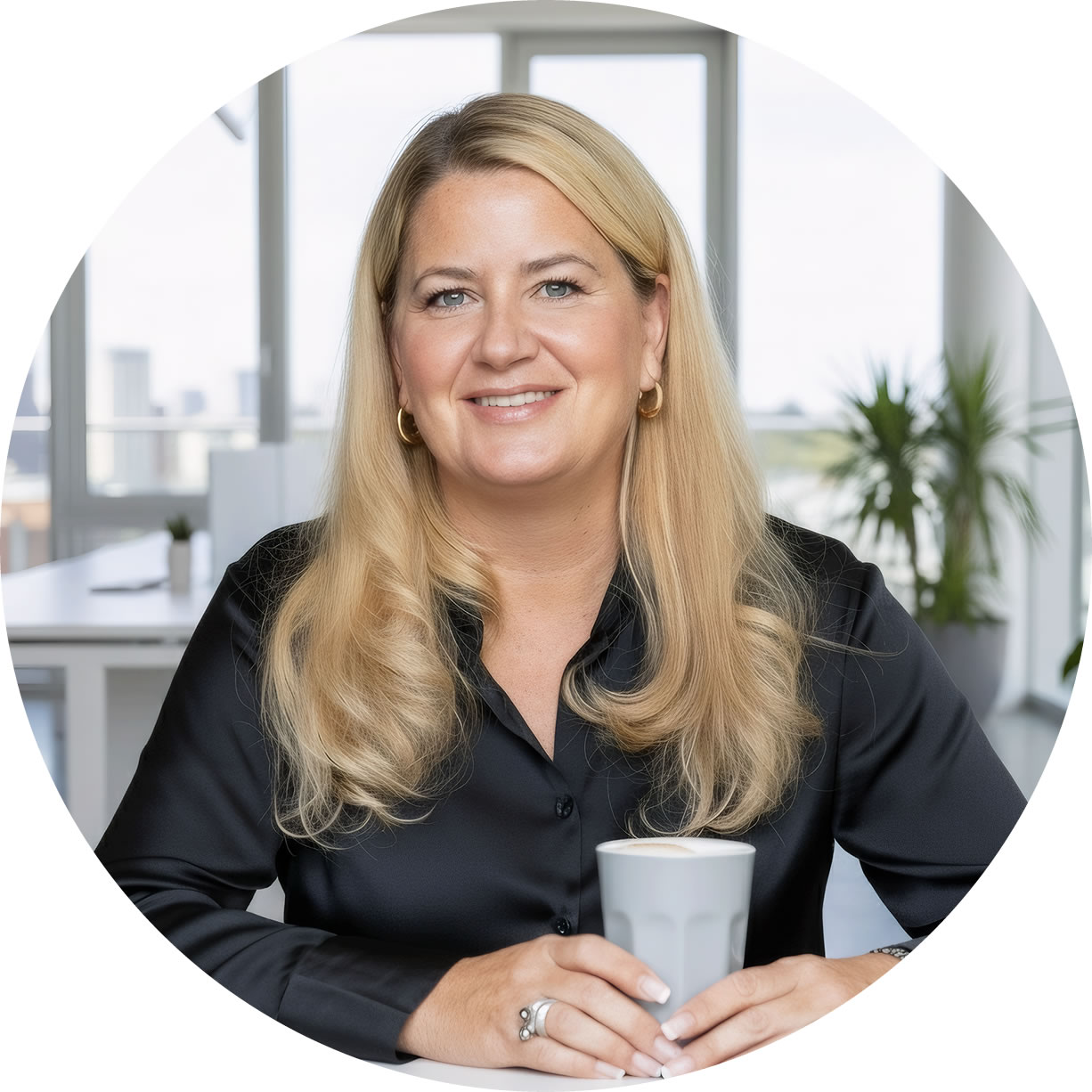 Freundliche Rechtsanwältin im modernen Büro, lächelnd mit Kaffee in der Hand, bietet rechtliche Beratung in Euskirchen & Erftstadt, professionelle Kanzleipräsenz.