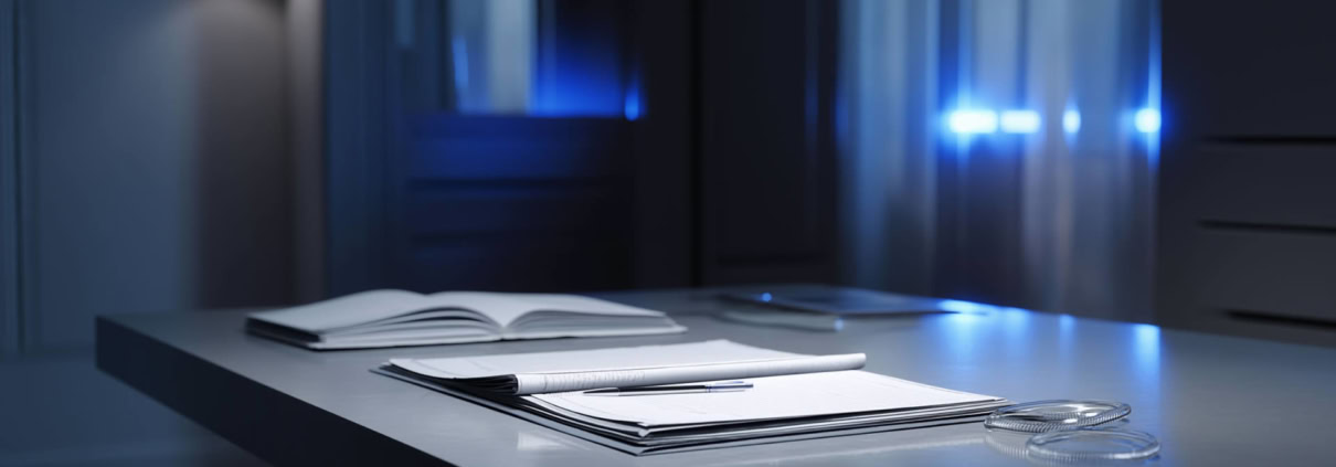 Schreibtisch mit geöffneten Akten und Schreibutensilien in einer modernen Anwaltskanzlei mit blauer Ambientebeleuchtung, die Professionalität und Vertrauen ausstrahlt.