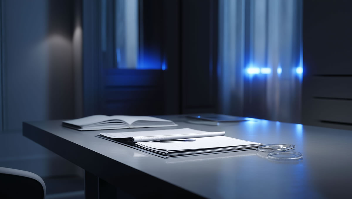 Büroarbeitsplatz einer Kanzlei mit Akten, Stift und Büchern bei schummrigem, modernem Ambiente in Euskirchen & Erftstadt.