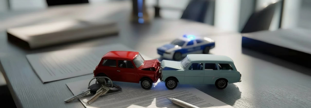 Auto-Kriminalität Abbildungen auf einem Tisch, symbolisch für Versicherungs- und Rechtsfragen bei Verkehrsunfällen.