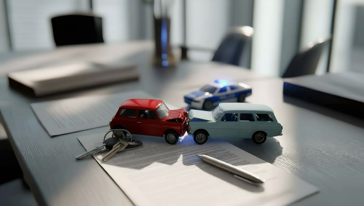 Auto-Spielzeugmodelle auf einem Schreibtisch mit Dokumenten, Schlüssel und Kugelschreiber, symbolisch für Recht und Verkehrssicherheit in der Kanzlei Balduin.